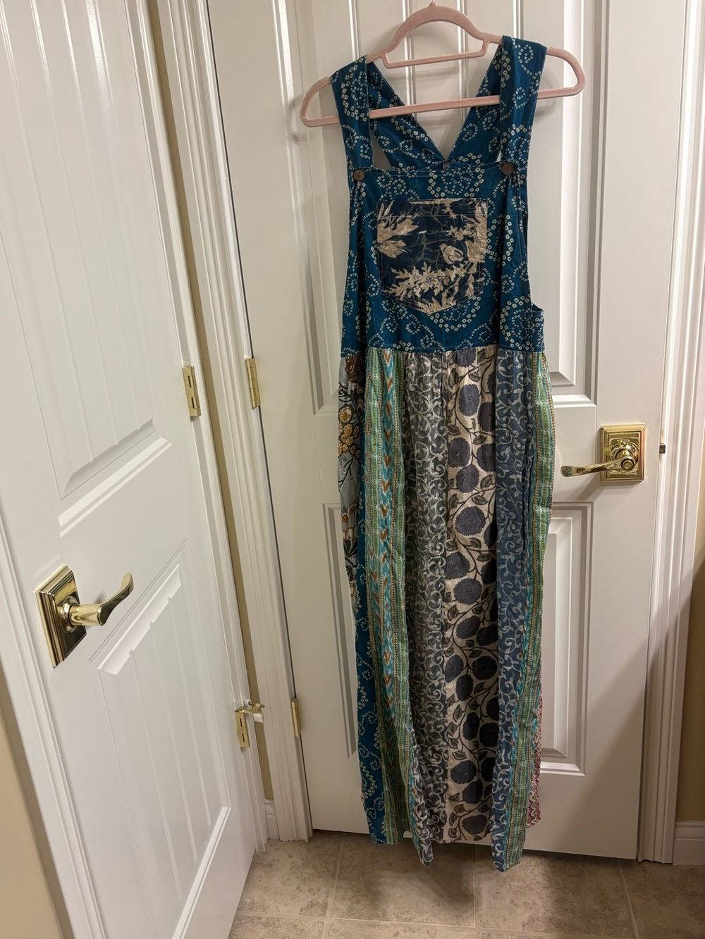 Blue Sky Designs Patchwork Midi-Maxi Overall Dress Boho Jumper Pockets Size XL